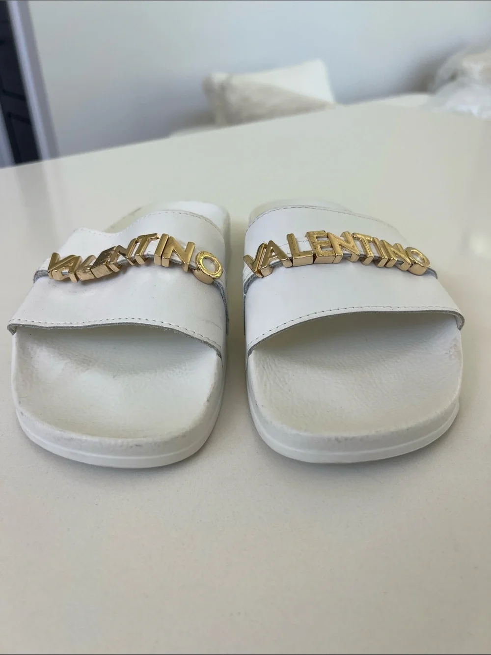 Valentino white leather open toe pool slides sandals with gold tone lettering 5